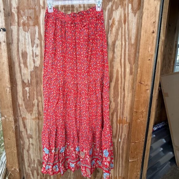Boho Floral Print Red Prairie Ruffle Maxi Skirt Women's Size Medium - Picture 2 of 4